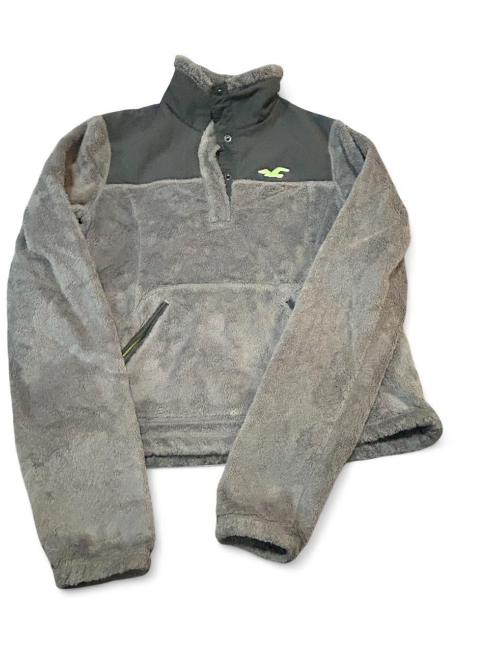 Hollister Grey Plush Snap-Neck Pullover with Neon Logo y2k